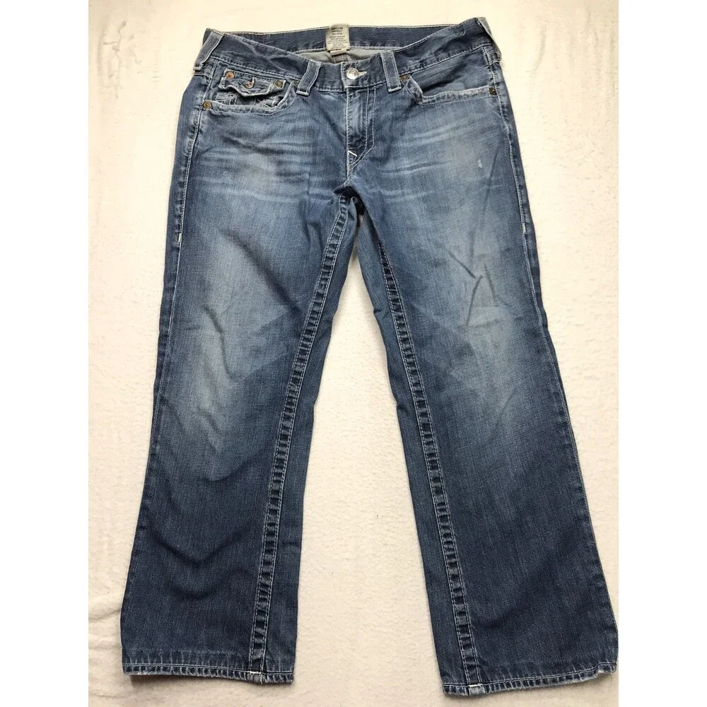 TRUE RELIGION Ricky Jean Men 34(36x28) Light Wash Whisker Distressed Flap Pocket